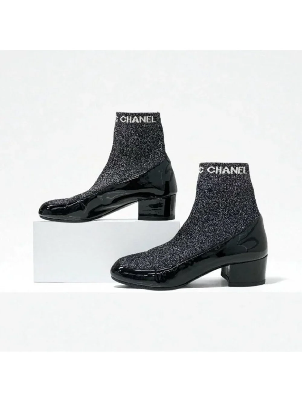 Chanel Boots Short Shoes Patent Fabric Black Silver Coco Mark Lame Sock - Picture 4 of 10